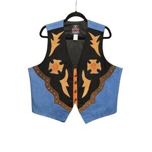 Vintage 90 Rojo Western Rodeo‎ Southwester Embroidered Vest XL Black Denim Suede